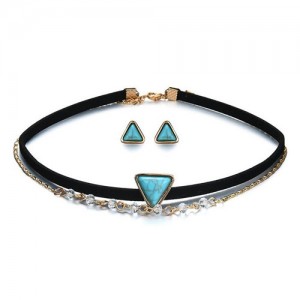 Triangular Artificial Turquoise Inlaid Dual Layers Choker Fashion Necklace and Earrings Set