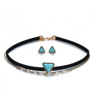Triangular Artificial Turquoise Inlaid Dual Layers Choker Fashion Necklace and Earrings Set