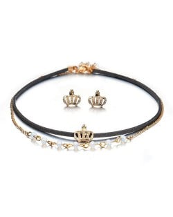 Royal Crown Design Dual Layers Choker Fashion Necklace and Earrings Set