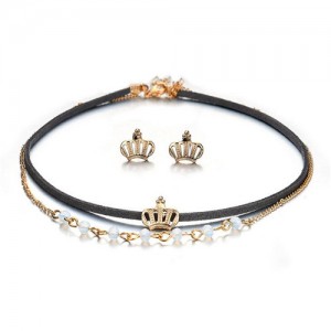 Royal Crown Design Dual Layers Choker Fashion Necklace and Earrings Set