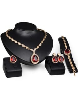 Red Gem Inlaid Waterdrop and Seashell Design 4pcs Costume Jewelry Set