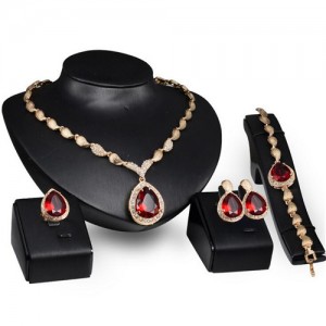 Red Gem Inlaid Waterdrop and Seashell Design 4pcs Costume Jewelry Set