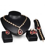 Red Gem Inlaid Waterdrop and Seashell Design 4pcs Costume Jewelry Set