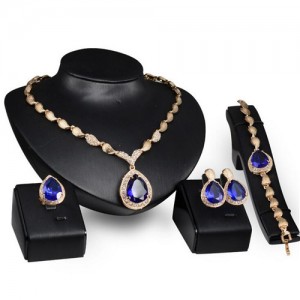 Blue Gem Inlaid Waterdrop and Seashell Design 4pcs Costume Jewelry Set