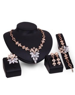 Rhinestone Flower Cluster Design Shining Golden 4pcs Fashion Jewelry Set - White