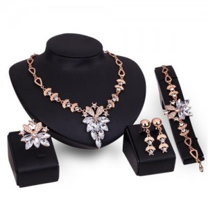 Rhinestone Flower Cluster Design Shining Golden 4pcs Fashion Jewelry Set - White