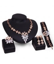 Rhinestone Flower Cluster Design Shining Golden 4pcs Fashion Jewelry Set - White