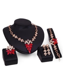 Rhinestone Flower Cluster Design Shining Golden 4pcs Fashion Jewelry Set - Red