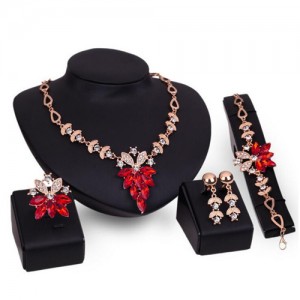 Rhinestone Flower Cluster Design Shining Golden 4pcs Fashion Jewelry Set - Red