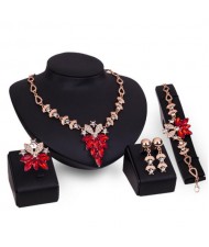 Rhinestone Flower Cluster Design Shining Golden 4pcs Fashion Jewelry Set - Red