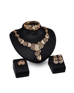 Rhinestone Inlaid Hollow Floral Pattern Design 4pcs Golden Fashion Jewelry Set