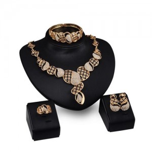Rhinestone Inlaid Hollow Floral Pattern Design 4pcs Golden Fashion Jewelry Set