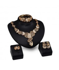 Rhinestone Inlaid Hollow Floral Pattern Design 4pcs Golden Fashion Jewelry Set