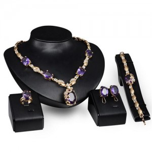 Purple Gems Inlaid Floral Design Bride Fashion 4pcs Golden Costume Jewelry Set
