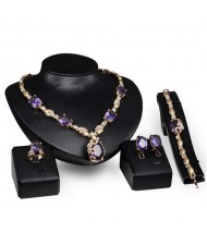 Purple Gems Inlaid Floral Design Bride Fashion 4pcs Golden Costume Jewelry Set