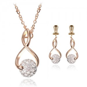 Shining Rhinestone Ball Pendant Design Golden Costume Necklace and Earrings Set