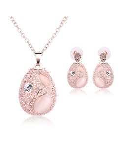 Opal and Rhinestone Inlaid Waterdrop Design Fashion Necklace and Earrings Set