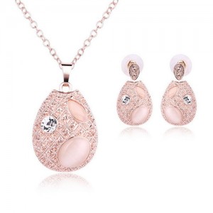 Opal and Rhinestone Inlaid Waterdrop Design Fashion Necklace and Earrings Set