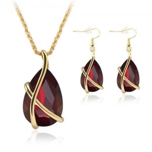 Angel Tear Pendant Party Fashion Costume Necklace and Earrings Set - Red