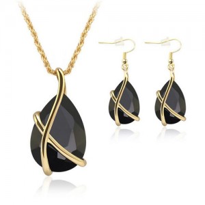 Angel Tear Pendant Party Fashion Costume Necklace and Earrings Set - Black