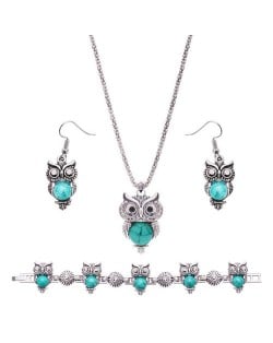 Artificial Turquoise Inlaid Vintage Night-owl Design 3pcs Costume Jewelry Set