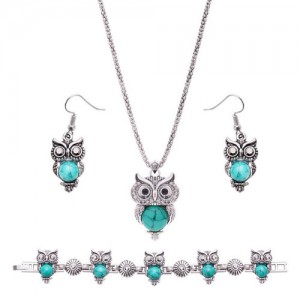 Artificial Turquoise Inlaid Vintage Night-owl Design 3pcs Costume Jewelry Set