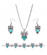 Artificial Turquoise Inlaid Vintage Night-owl Design 3pcs Costume Jewelry Set