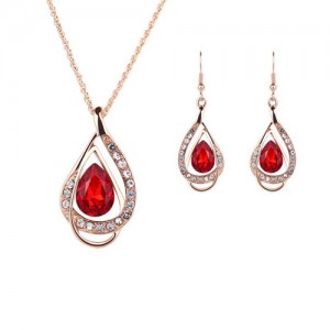 Rhinestone Gem Inlaid Waterdrop Design Wedding Party Necklace and Earrings Set