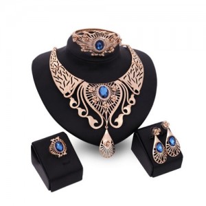 Gem Inlaid Hollow Wasterdrops Chunky Style 4pcs Fashion Jewelry Set - Blue