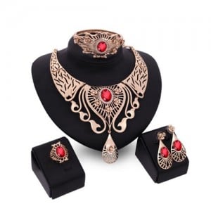 Gem Inlaid Hollow Wasterdrops Chunky Style 4pcs Fashion Jewelry Set - Red