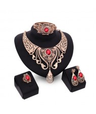 Gem Inlaid Hollow Wasterdrops Chunky Style 4pcs Fashion Jewelry Set - Red