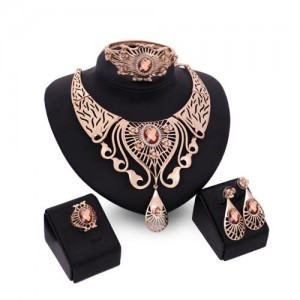 Gem Inlaid Hollow Wasterdrops Chunky Style 4pcs Fashion Jewelry Set - Brown