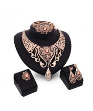 Gem Inlaid Hollow Wasterdrops Chunky Style 4pcs Fashion Jewelry Set - Brown