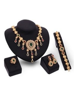 Multicolor Gems Inlaid Vintage Hollow Flower Design 4pcs Golden Fashion Jewelry Set