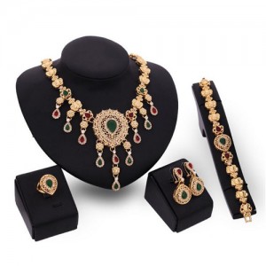 Multicolor Gems Inlaid Vintage Hollow Flower Design 4pcs Golden Fashion Jewelry Set