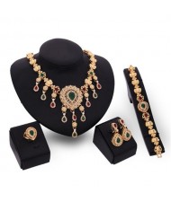 Multicolor Gems Inlaid Vintage Hollow Flower Design 4pcs Golden Fashion Jewelry Set