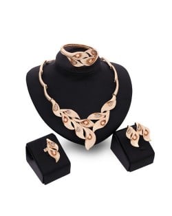 Rhinestone and Crystal Embellished Trumpet Flower 4pcs Golden Jewelry Set