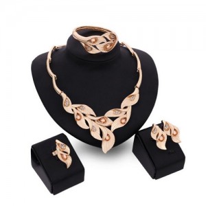 Rhinestone and Crystal Embellished Trumpet Flower 4pcs Golden Jewelry Set