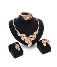 Rhinestone and Crystal Embellished Trumpet Flower 4pcs Golden Jewelry Set