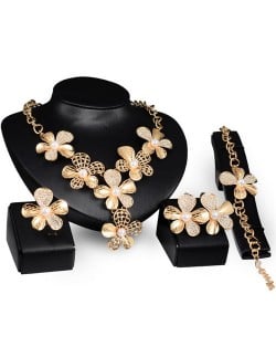 Shining Rhinestone and Pearl Embellished Flowers Fashion Banquet Style 4pcs Golden Jewelry Set
