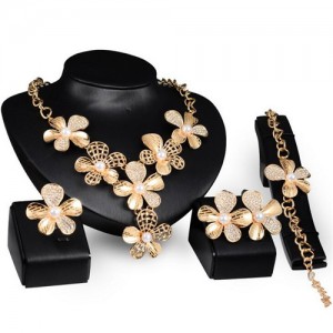 Shining Rhinestone and Pearl Embellished Flowers Fashion Banquet Style 4pcs Golden Jewelry Set