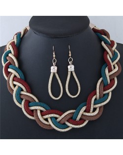 Dough Twist Weaving Style Alloy Costume Necklace and Earrings Set - Red