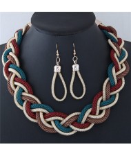 Dough Twist Weaving Style Alloy Costume Necklace and Earrings Set - Red