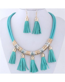 Leather Tassels Style High Fashion Necklace and Earrings Set - Green