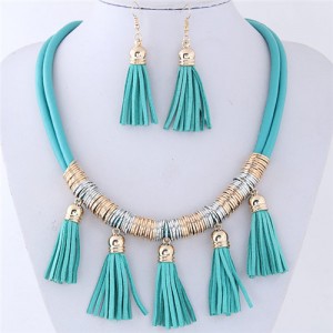 Leather Tassels Style High Fashion Necklace and Earrings Set - Green