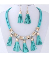 Leather Tassels Style High Fashion Necklace and Earrings Set - Green