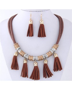 Leather Tassels Style High Fashion Necklace and Earrings Set - Brown