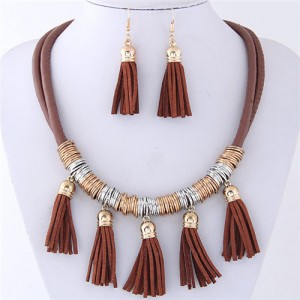 Leather Tassels Style High Fashion Necklace and Earrings Set - Brown