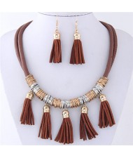 Leather Tassels Style High Fashion Necklace and Earrings Set - Brown