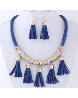 Leather Tassels Style High Fashion Necklace and Earrings Set - Blue